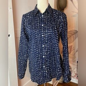CHAPS SZ LG BUTTON UP COTTON LONG SLEEVE WHITE NAVY CIRCLES SPRING SUMMER CAREER